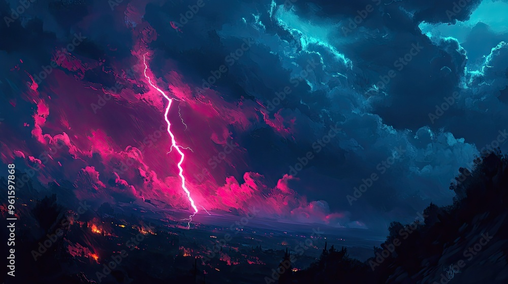 Fototapeta premium Nighttime storm with a bright lightning bolt connecting the clouds to the ground, lighting up the landscape with its electric power.