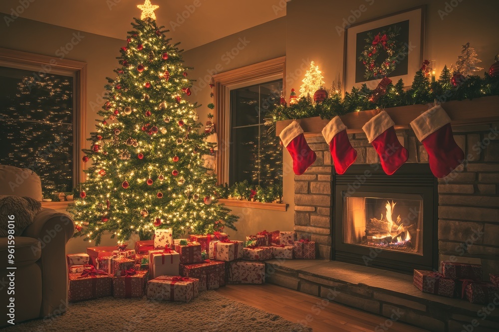 A warmly lit living room decorated for Christmas, featuring a beautifully adorned Christmas tree A warmly lit living room decorated for Christmas, featuring a beautifully adorned Christmas tree
