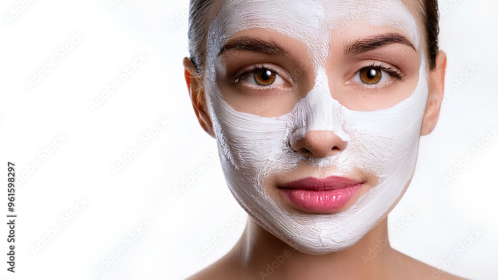 Healing clay on the face of a young woman. Face of a beautiful girl with a cosmetic mask, close-up on a white background. Concept: facial care, cosmetology, rejuvenation. Healing clay on the face of a young woman. Face of a beautiful girl with a cosmetic mask, close-up on a white background. Concept: facial care, cosmetology, rejuvenation.