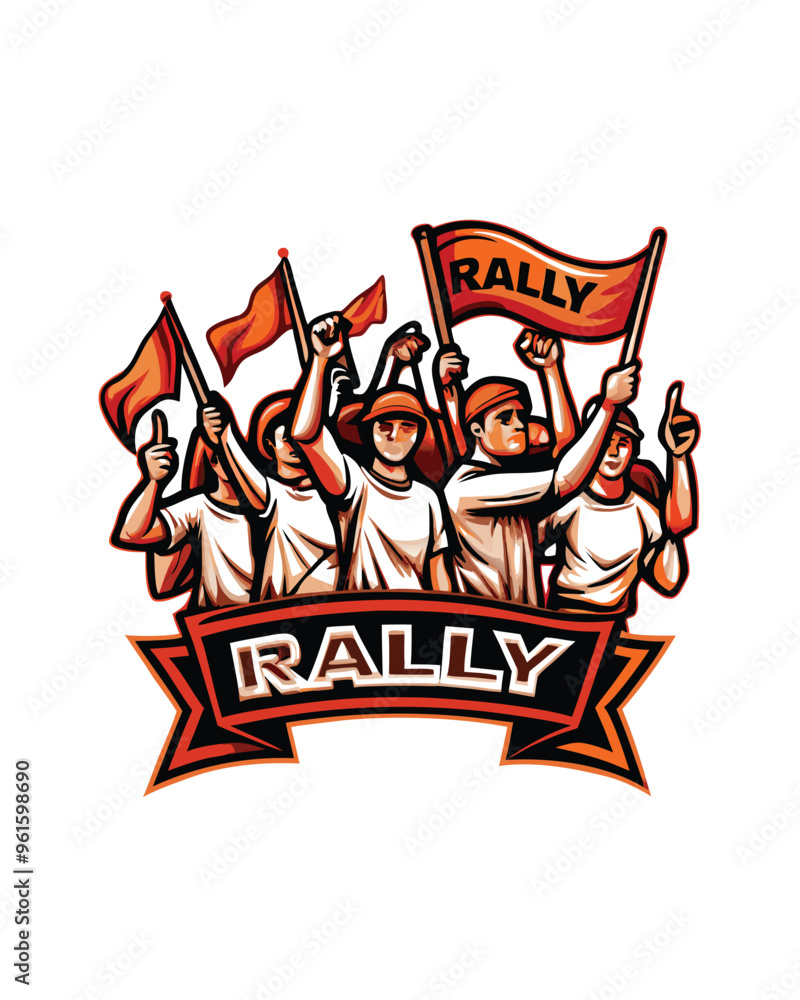 Editable stroke vector of a rally with people holding flags and a ...