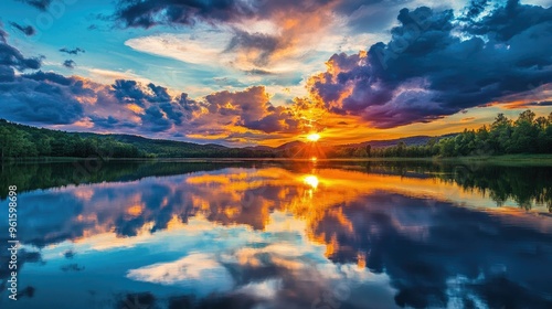 Serene sunset with vibrant clouds reflecting the deep colors of the evening sky, creating a majestic view.