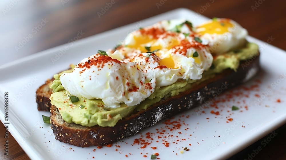 A crispy avocado toast topped with poached eggs and red pepper flakes A crispy avocado toast topped with poached eggs and red pepper flakes