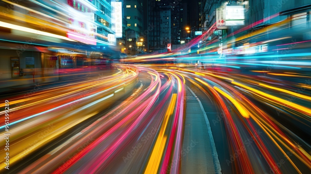 Speeding vehicles in downtown Hong Kong create a blur of lights and colors, with Chinese traffic road markings clearly visible. Speeding vehicles in downtown Hong Kong create a blur of lights and colors, with Chinese traffic road markings clearly visible.
