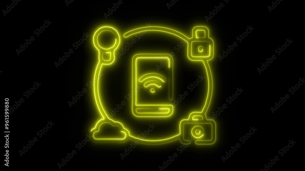 Neon Mobile Connection Icon Video HD - Glowing Smart Device with Cloud, Camera, Lock, and Security Symbols on Black Background Neon Mobile Connection Icon Video HD - Glowing Smart Device with Cloud, Camera, Lock, and Security Symbols on Black Background