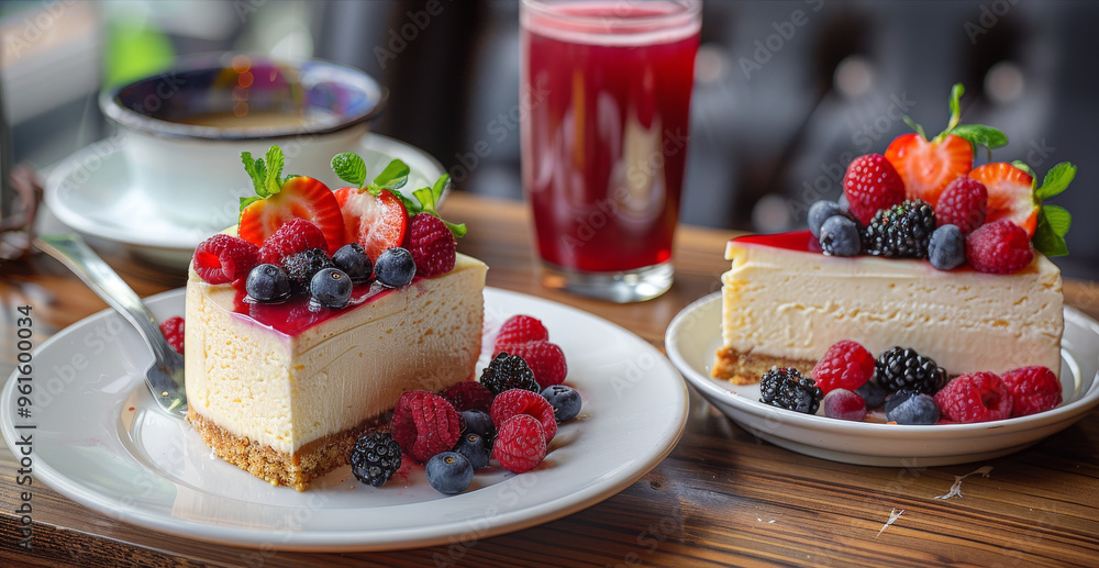 A slice of cheesecake with strawberries blueberries A slice of cheesecake with strawberries blueberries