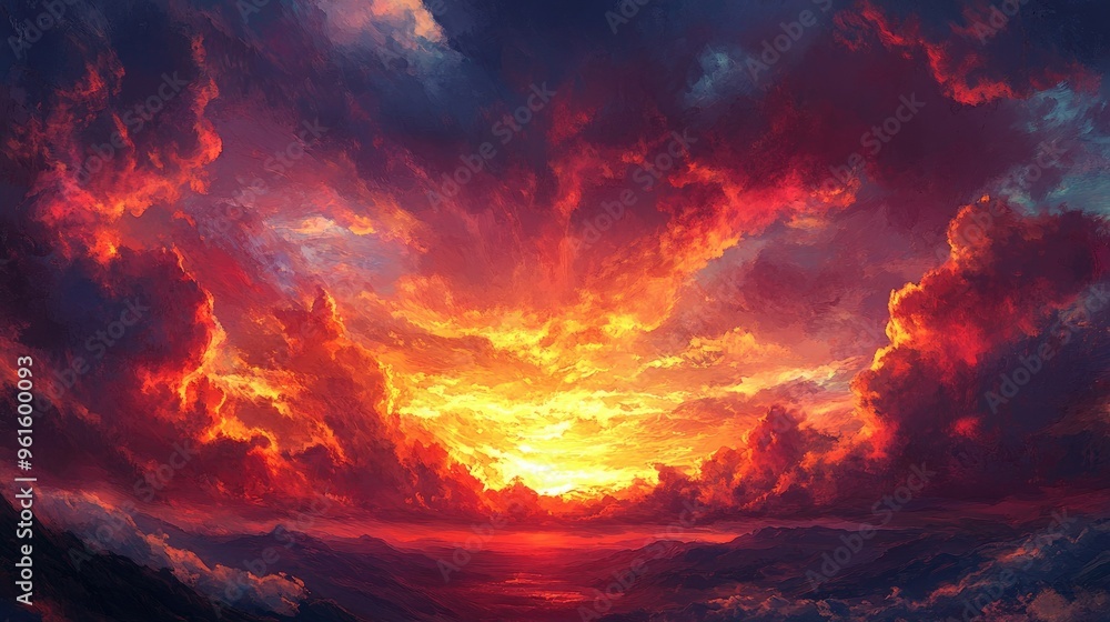 Sunset in a dramatic cloudscape, with the sky ablaze in shades of orange, red, and purple. Sunset in a dramatic cloudscape, with the sky ablaze in shades of orange, red, and purple.
