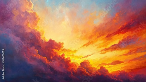 Sunrise over a colorful sky, with steaming cumulonimbus clouds catching the light in vibrant hues. -