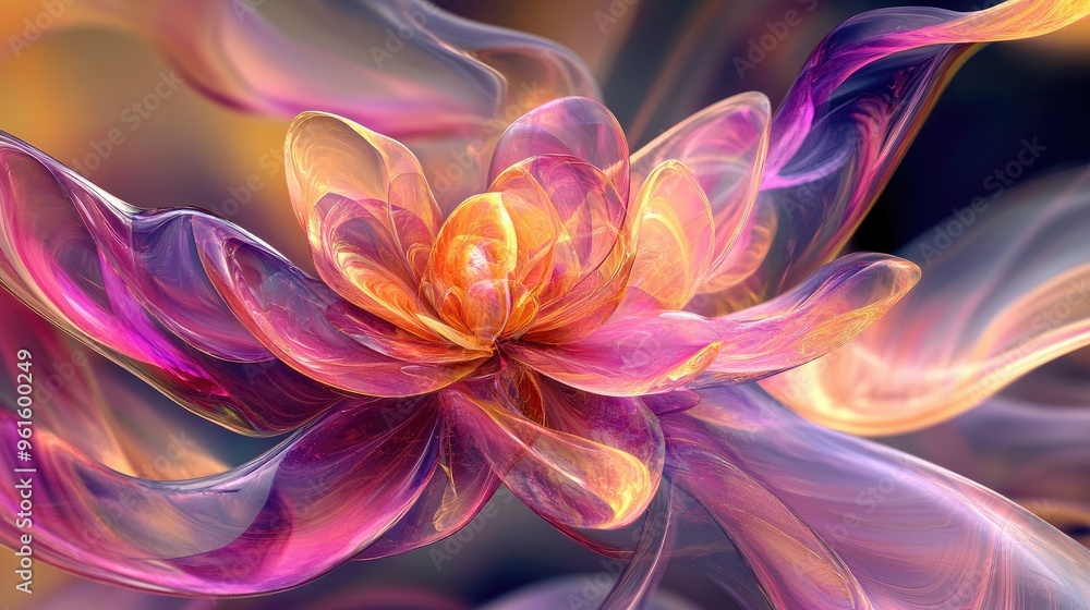 Surreal 3D art featuring an alien flower with elegant curves and wavy transparent materials in pink, purple, and yellow. Surreal 3D art featuring an alien flower with elegant curves and wavy transparent materials in pink, purple, and yellow.