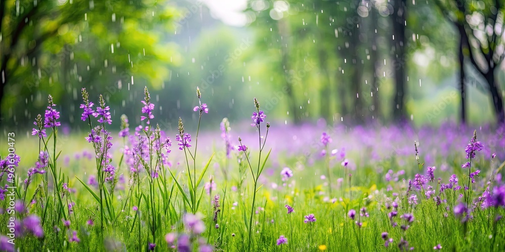 Naklejka premium Field of grass with purple flowers and raindrops, framed by trees in the background