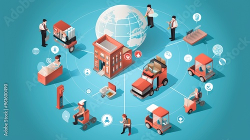 A colorful illustration of a city with people and vehicles.