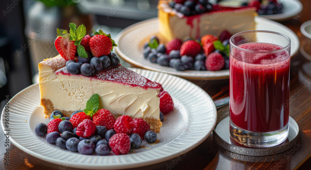 A slice of cheesecake with strawberries blueberries A slice of cheesecake with strawberries blueberries