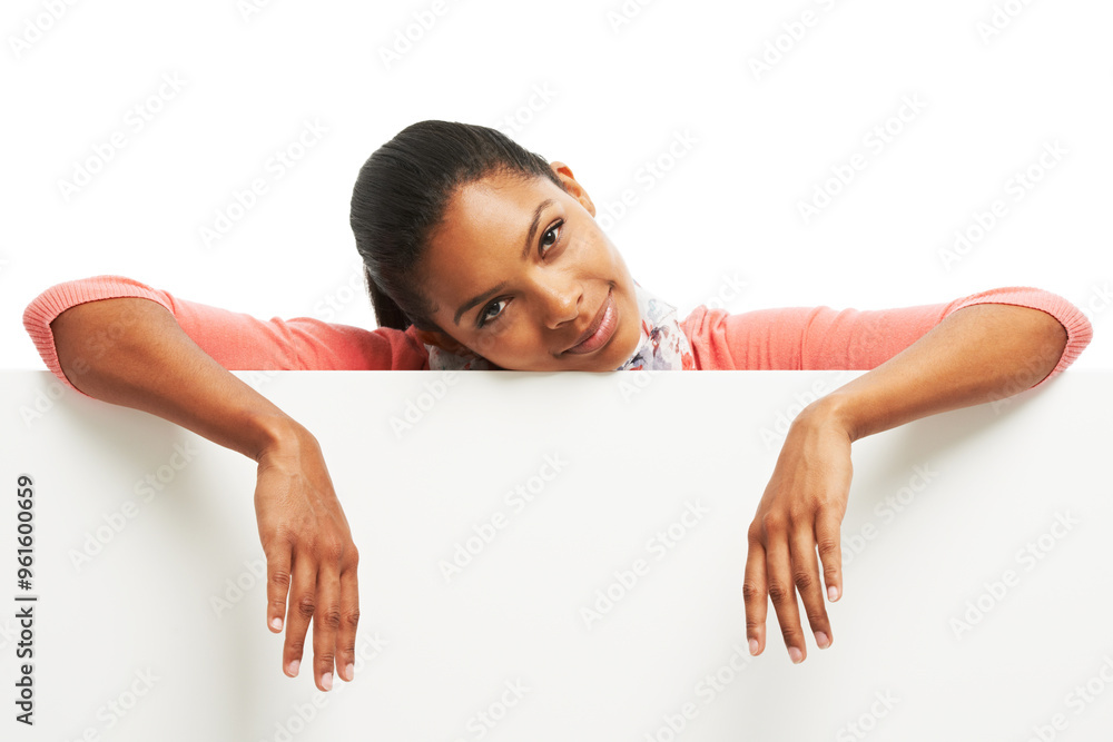 Studio, woman smile and portrait with billboard for marketing, advertising and announcement for product placement. White background, ambassador and blank poster by mockup space, promotion or branding Studio, woman smile and portrait with billboard for marketing, advertising and announcement for product placement. White background, ambassador and blank poster by mockup space, promotion or branding