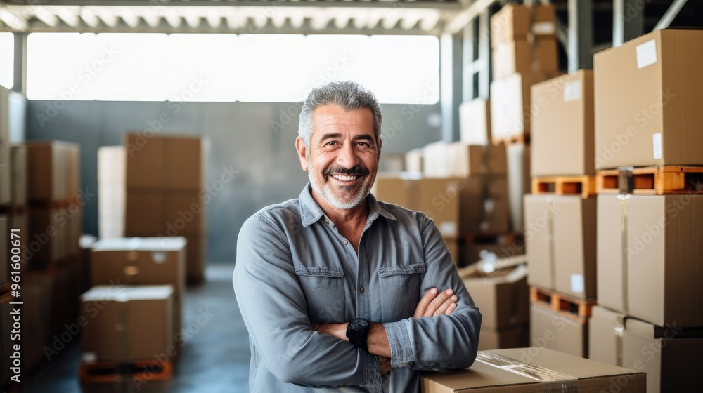 A confident man in a blue shirt stands in a warehouse, arms crossed, smiling at the camera. A confident man in a blue shirt stands in a warehouse, arms crossed, smiling at the camera.