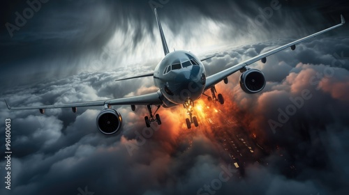 A commercial airplane soars through a dramatic sky, leaving a trail of light and smoke as it breaks through the clouds.