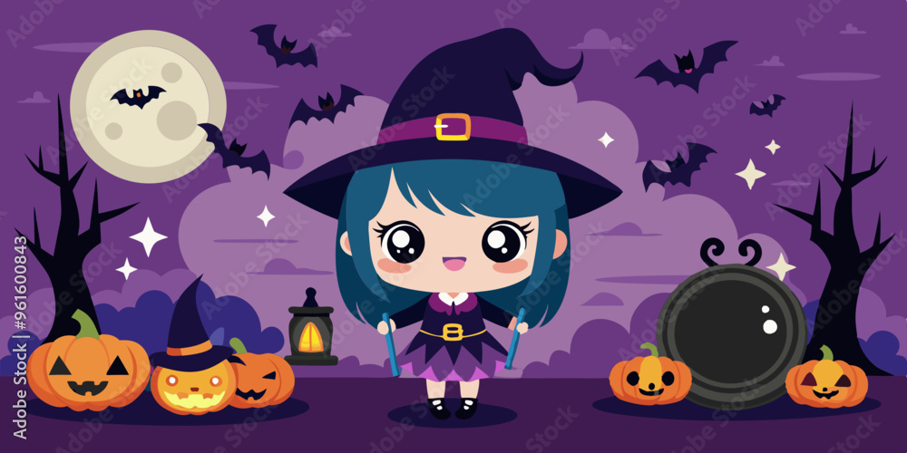 Halloween chibi girl, banner, cute, cartoon, anime style, spooky, Halloween theme, trick or treat, pumpkin, witch hat, candy, bat wings, kawaii, black cat, spooky night, haunted, ghost, chibi art, fes Halloween chibi girl, banner, cute, cartoon, anime style, spooky, Halloween theme, trick or treat, pumpkin, witch hat, candy, bat wings, kawaii, black cat, spooky night, haunted, ghost, chibi art, fes