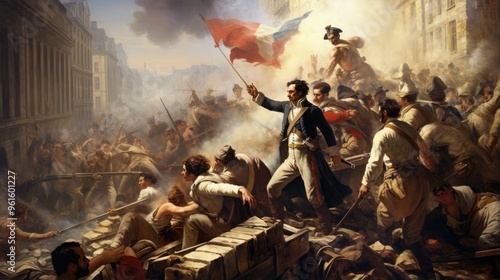 A dramatic painting depicting a chaotic scene of a battle. Smoke fills the air, and soldiers clash in the streets.