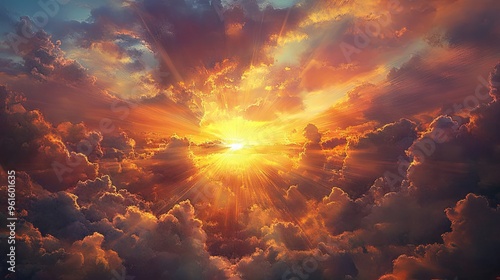 Vibrant sunset with sun rays spreading across a cloud-filled sky, creating a breathtaking scene.