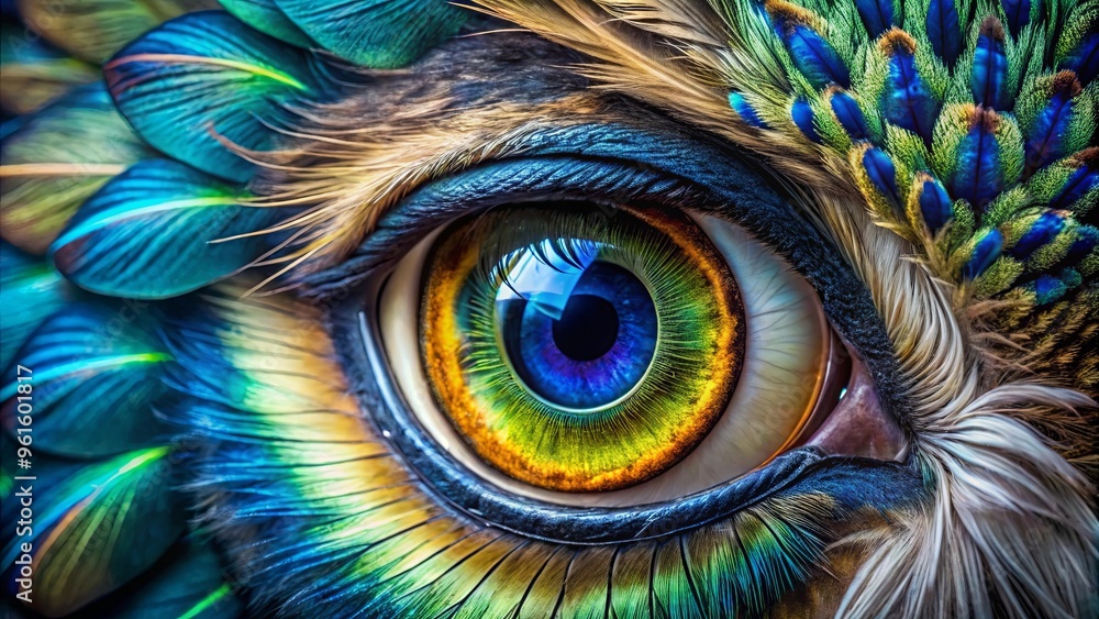 Obraz premium Close-up of an owl's eye with blue and green irises, surrounded by feathers with the same pattern