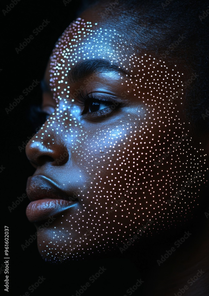 close-up of black woman with pattern of digital connections on her face, symbolizing the fusion between human and artificial intelligence close-up of black woman with pattern of digital connections on her face, symbolizing the fusion between human and artificial intelligence