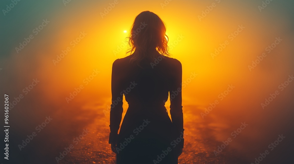 A silhouette of a woman standing in fog against an orange sunset, creating a mysterious and tranquil atmosphere A silhouette of a woman standing in fog against an orange sunset, creating a mysterious and tranquil atmosphere