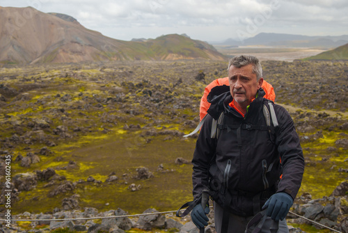 Wallpaper Mural Male hiker with backpack on a volcanic trail in Iceland Torontodigital.ca