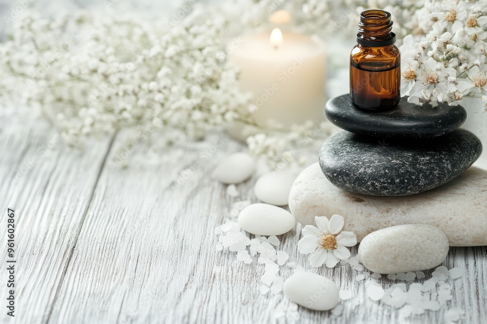 Beauty treatment items for spa procedures on white wooden table. massage stones, essential oils and sea salt Beauty treatment items for spa procedures on white wooden table. massage stones, essential oils and sea salt