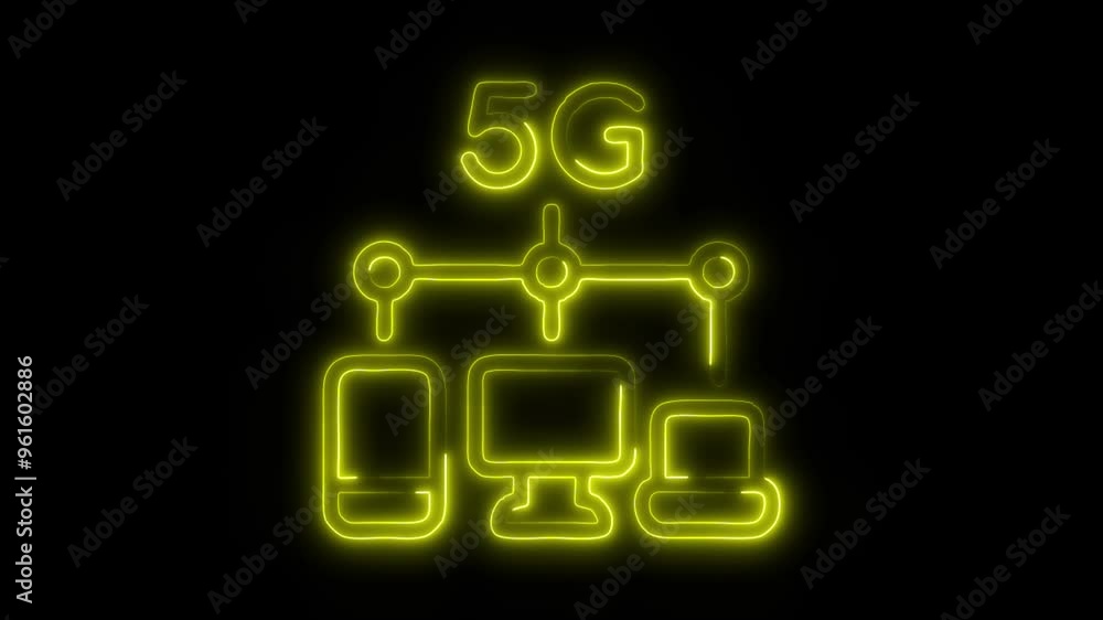 Neon 5G Device Connectors Icon Video HD - Glowing Network Symbol for Smartphone, Computer, and Tablet on Black Background Neon 5G Device Connectors Icon Video HD - Glowing Network Symbol for Smartphone, Computer, and Tablet on Black Background