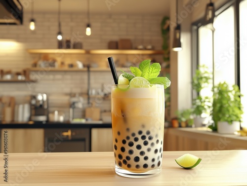 Bubble tea, served in an elegant modern kitchen. The tea is decorated with juicy pieces of lime and mint.