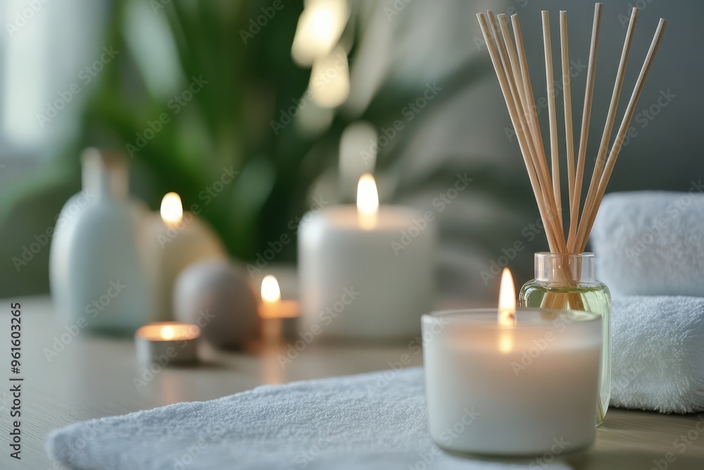 Burning candles and aromatic reed freshener on table in spa salon, space for text Burning candles and aromatic reed freshener on table in spa salon, space for text
