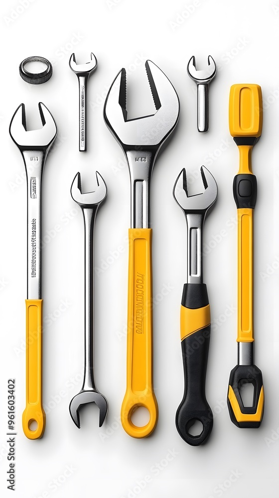 3D Rendering of a Set of Wrenches with Yellow Handles on a White Background 3D Rendering of a Set of Wrenches with Yellow Handles on a White Background