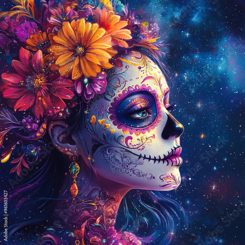 Woman with sugar skull makeup and flowers under a starry night sky 