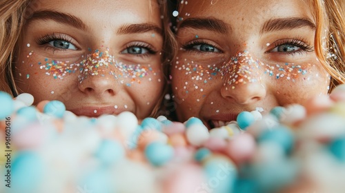 A close and playful shot of two friends with faces covered in colorful sprinkles, smiling widely and exuding happiness and youth amidst a vibrant, festive setting. photo