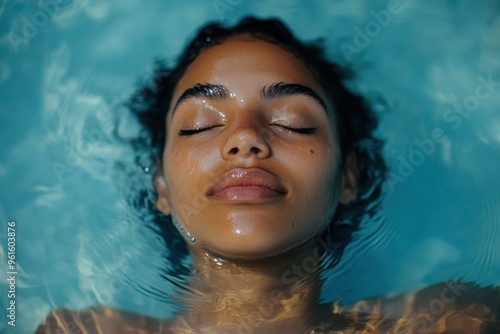 Close-up of a woman floating peacefully in clear water