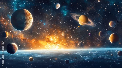 Obraz Zachwycająca panorama Układu Słonecznego z odległej perspektywy, z planetami świecącymi na tle rozgwieżdżonego nieba. 
