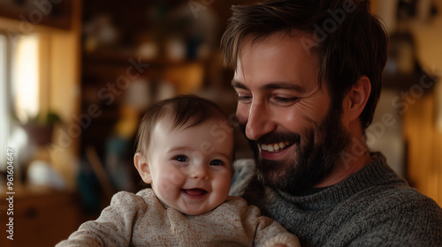 Portret ojca, który z czułością trzyma uśmiechnięte dziecko w domowym otoczeniu.