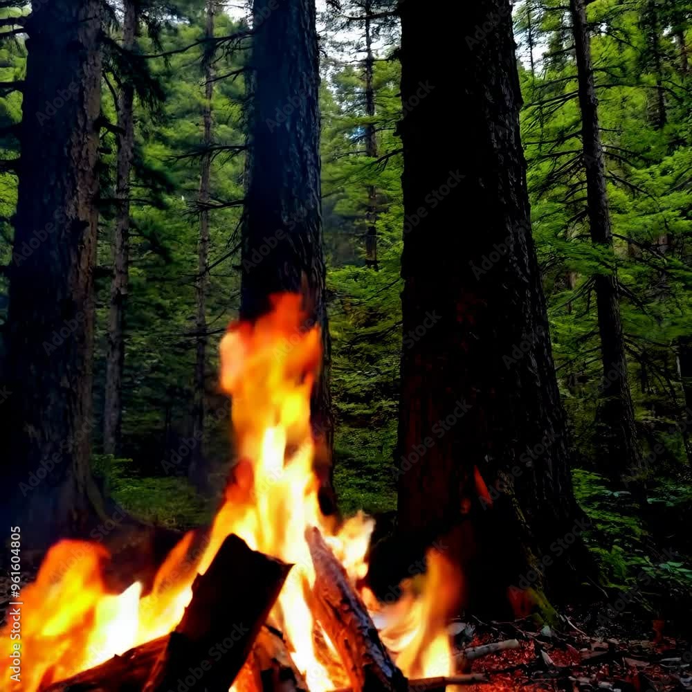 Wood fire in woods with trees. Campfire burning in forest. Forest campfire with bright flames in daylight. Wood fire in woods with trees. Campfire burning in forest. Forest campfire with bright flames in daylight.