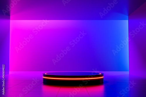 black podium with orange laser light on purple and blue neon background, futuristic and technology concept, 3d render