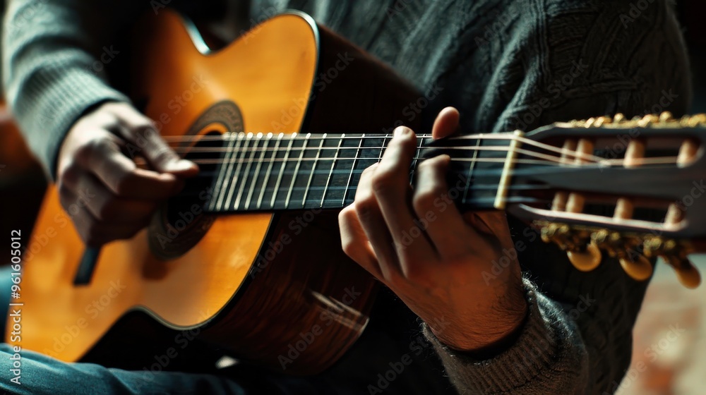 Fototapeta premium A person playing guitar in a music studio