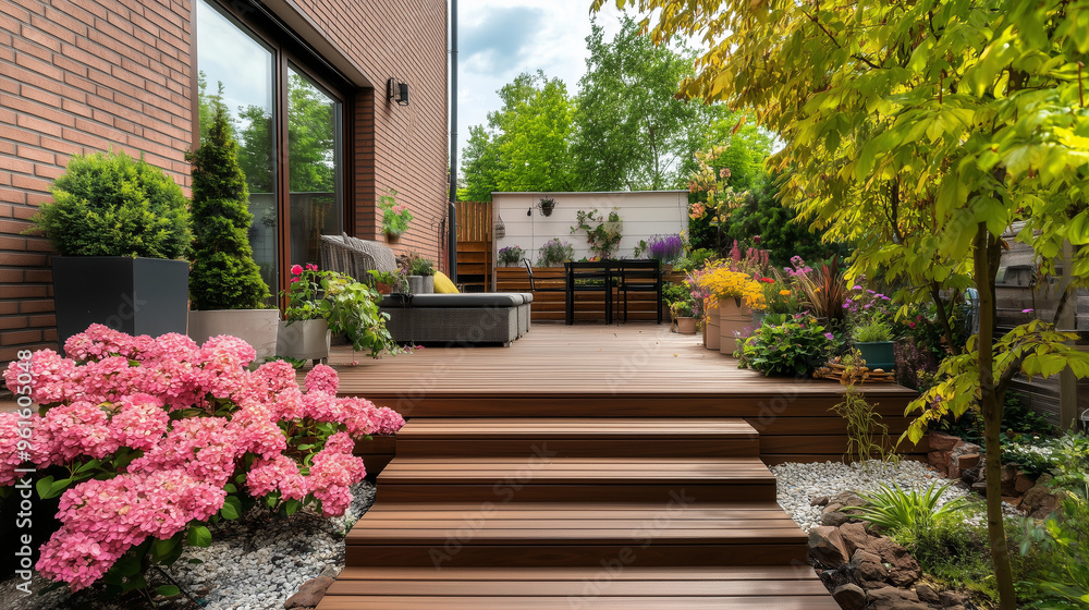 Obraz premium Przestronna strefa patio w ogrodzie z dobrze utrzymanym drewnianym tarasem. Deski drewniane na podłodze oferują eleganckie wykończenie, a całość otaczają rośliny i elementy zieleni.