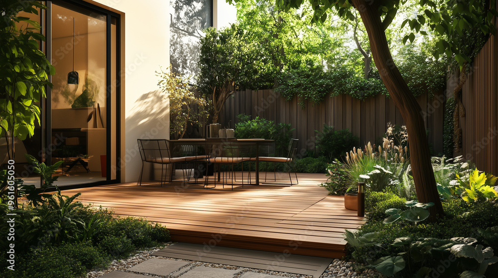 Fototapeta premium Przestronna strefa patio w ogrodzie z dobrze utrzymanym drewnianym tarasem. Deski drewniane na podłodze oferują eleganckie wykończenie, a całość otaczają rośliny i elementy zieleni.