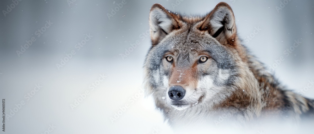 Obraz premium A tight shot of a wolf's expression, snow covering the ground in the foreground, trees looming in the background