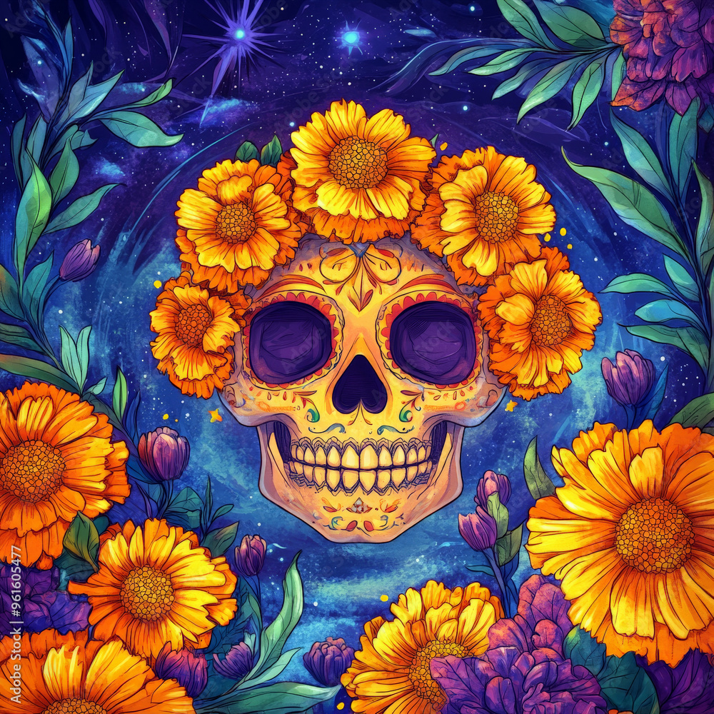 Floral-adorned skull with vibrant marigolds for Dia de los Muertos
Floral-adorned skull with vibrant marigolds for Dia de los Muertos