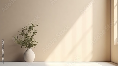 A simple and elegant still life featuring a vase with green leaves against a beige wall. The soft light creates a warm and inviting atmosphere.