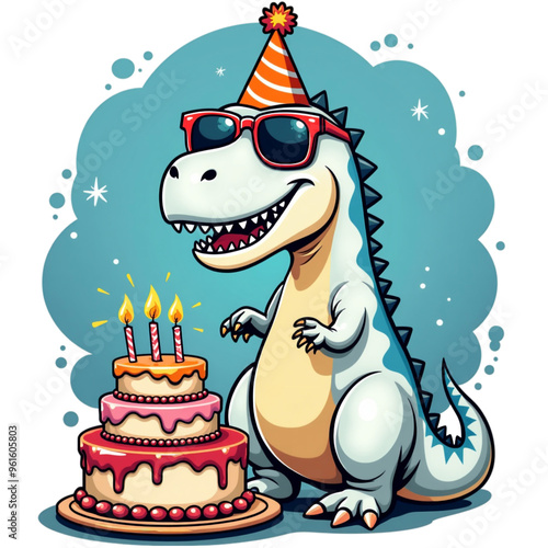 A cheerful dinosaur wearing a party hat and sunglasses stands beside a colorful birthday cake adorned with lit candles. photo