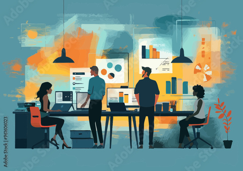 Team Collaborating on New Project with Charts and Graphs in Modern Office Setting, Minimalistic Vector Illustration, Business Strategy and Planning Concept