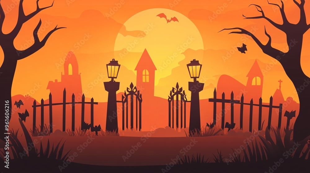 Fototapeta premium Spooky Halloween landscape with silhouetted trees and haunted houses against an orange sunset.