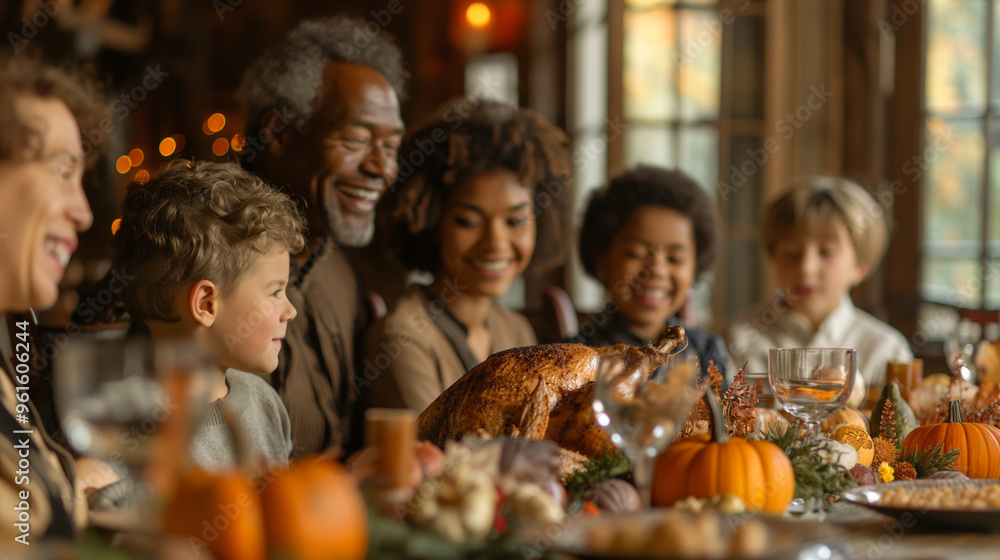 Mixed-race family enjoying a modern Thanksgiving dinner together. Mixed-race family enjoying a modern Thanksgiving dinner together.