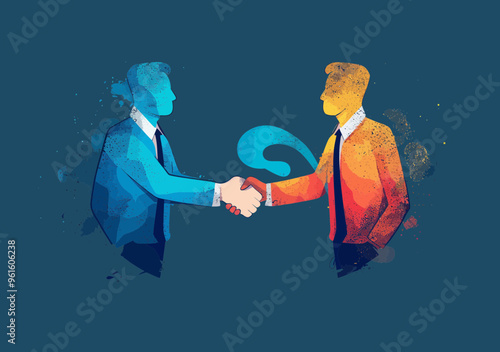 Business Partners Shaking Hands in Unity, Conceptual Illustration of Agreement and Collaboration, Minimalist Vector Art in Vibrant Blue and Orange