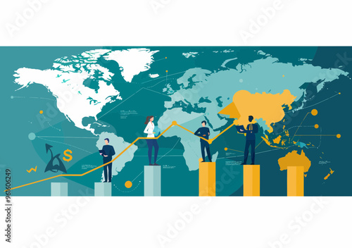 Global Business Strategy Meeting with Team Discussing Success and Growth on World Map at Daytime, Minimalistic Vector Illustration