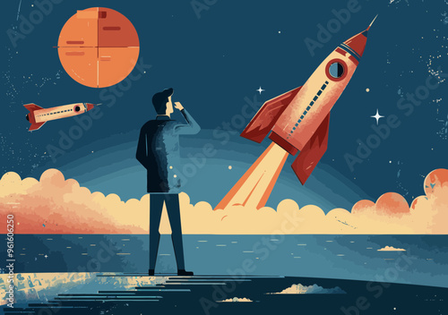 Entrepreneur Watching Rocket Launch in Minimalistic Business Startup Illustration at Dusk